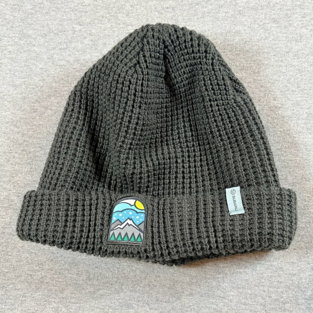 Subaru Beanie Hat Unisex OS Gray Waffle Knit Mountain Patch Cuffed